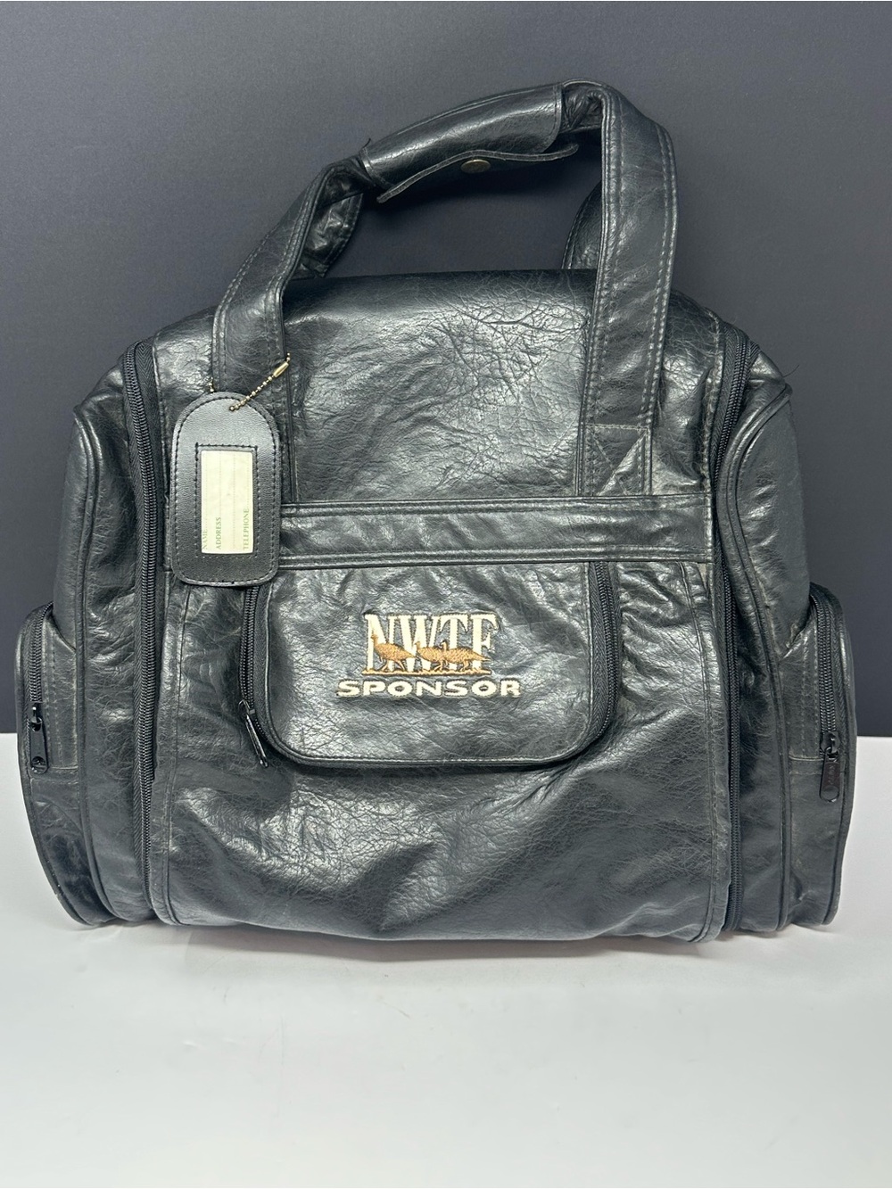 Vintage National Wild Turkey Federation Sponser Duffel Bag Black Leather Rare!!